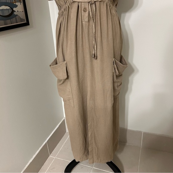 Zara Tan Linen Midi Dress with Dolman Sleeves and Mandarin Collar - Picture 6 of 8